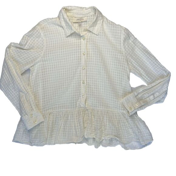 THE GREAT. Tops - THE GREAT. The‎ Ruffle Oxford Top Beige Dobby Dot Cotton Peplum Blouse Size 0